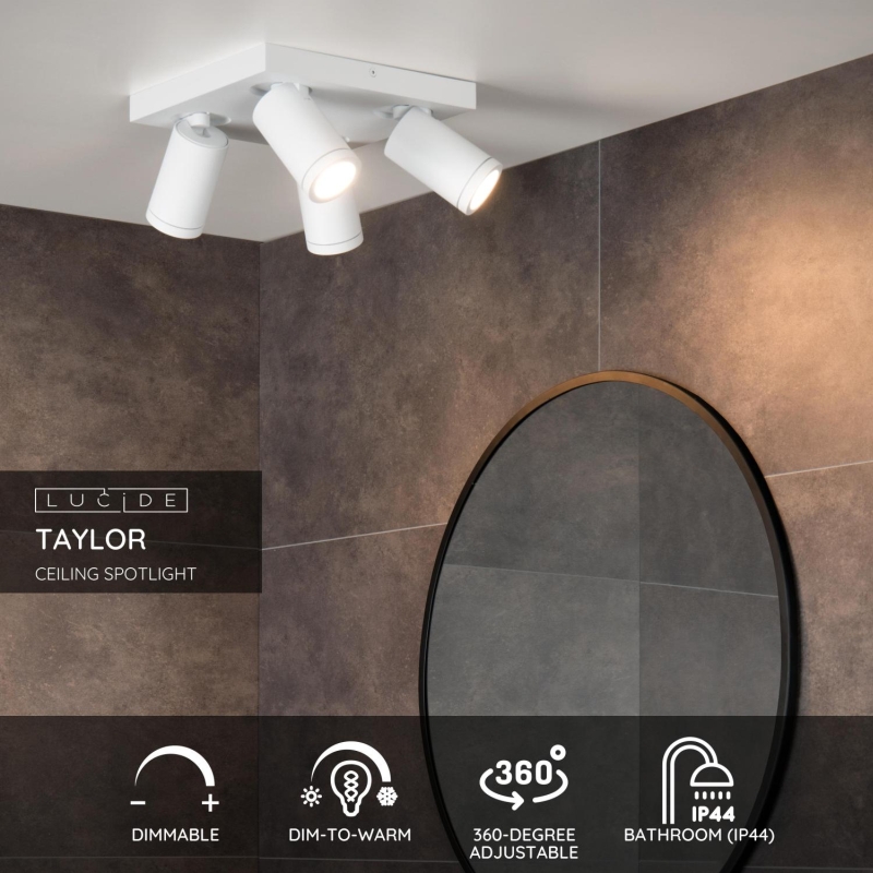 Lucide TAYLOR - Stropné bodové svietidlo Kúpeľňa - LED Dim to warm - GU10 - 4x5W 2200K/3000K - IP44 - White